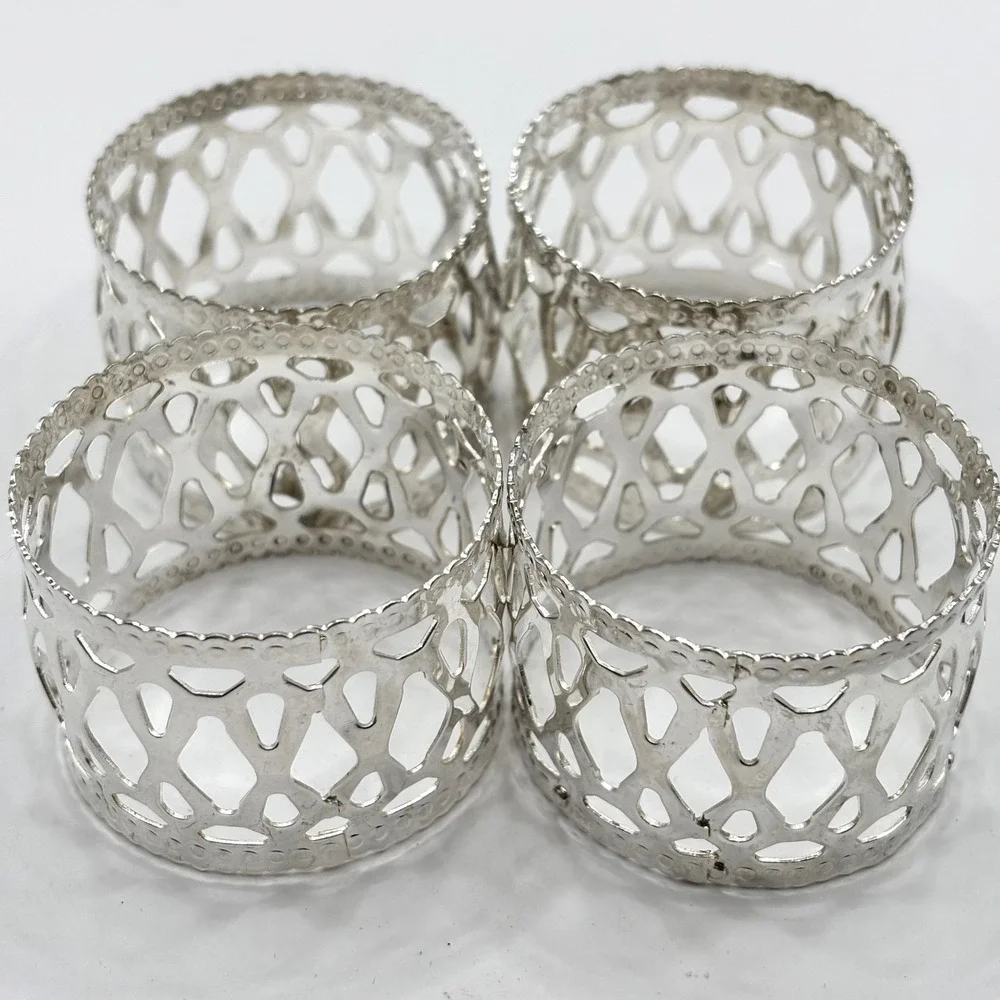 Vintage Silver Plated Napkin Rings Set of 4 Openwork Lattice Scalloped Edge NIB